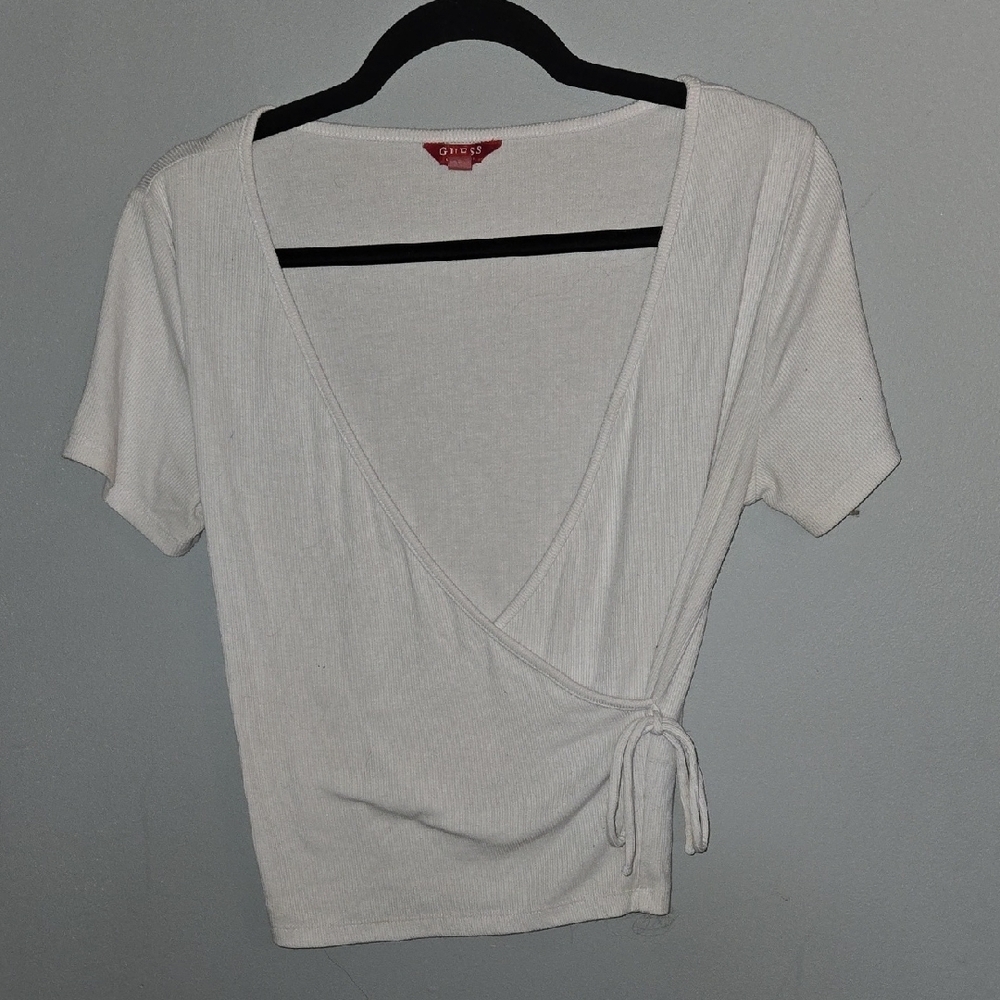 Large Guess White Ribbed Short Sleeve Wrap Top Classic Minimalist Basic Simple